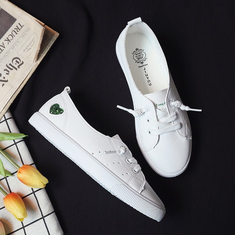 Womens Flat Sneakers Shoes Slip On Lace Up White Heart Cute - Purcell's Clothing Company - 0