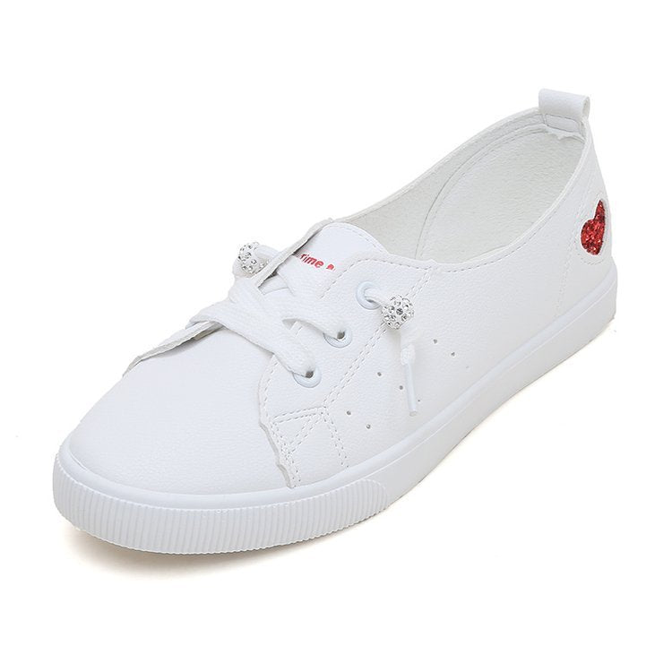 Womens Flat Sneakers Shoes Slip On Lace Up White Heart Cute - Purcell's Clothing Company - 0