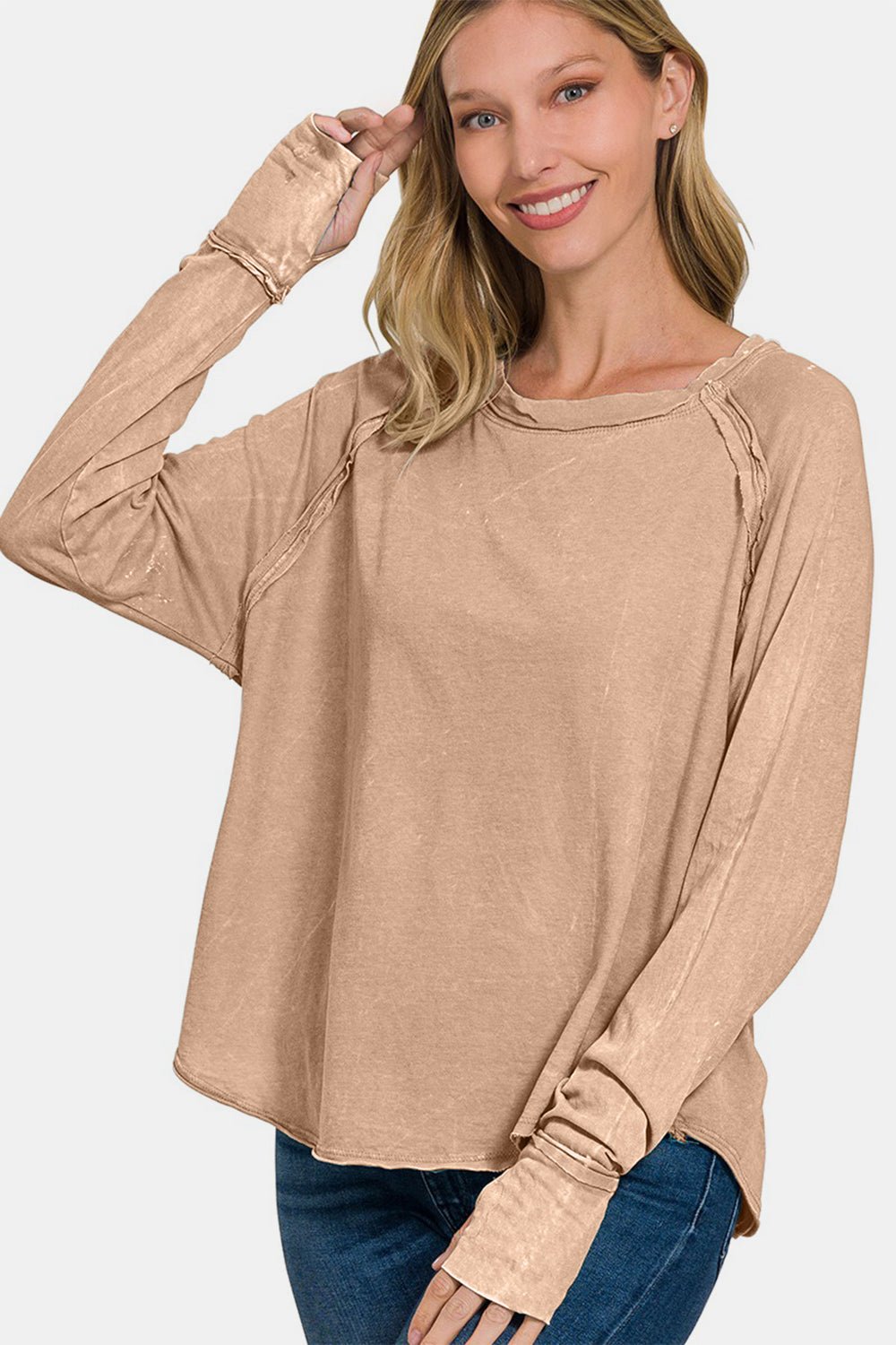 Zenana Round Neck Thumbhole Long Sleeve T-Shirt - Purcell's Clothing Company - 