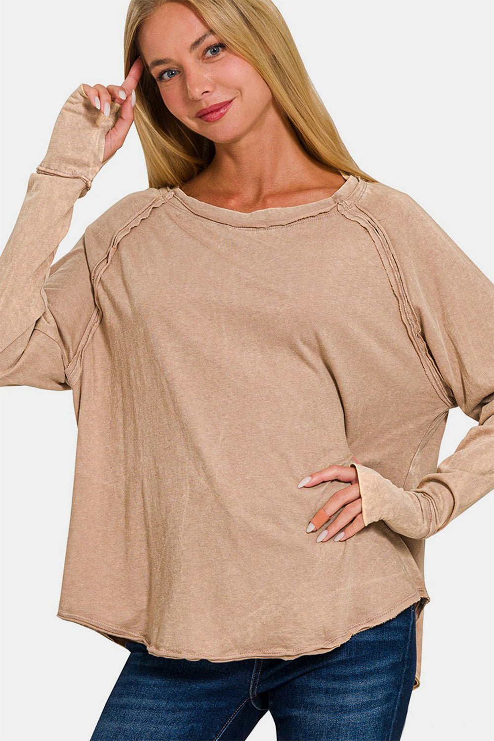 Zenana Round Neck Thumbhole Long Sleeve T-Shirt - Purcell's Clothing Company - 