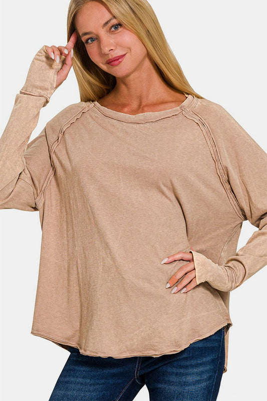 Zenana Round Neck Thumbhole Long Sleeve T-Shirt - Purcell's Clothing Company - 