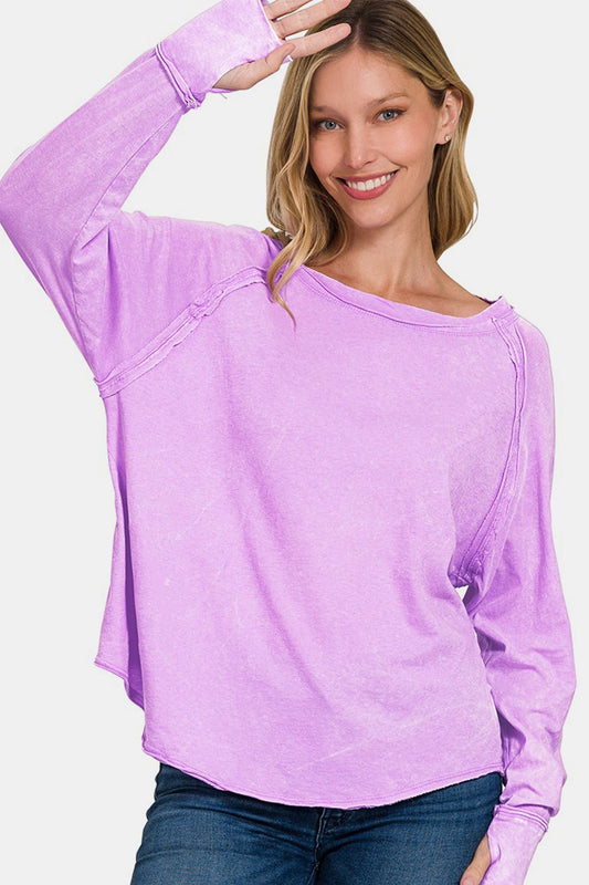 Zenana Round Neck Thumbhole Long Sleeve T-Shirt - Purcell's Clothing Company - 