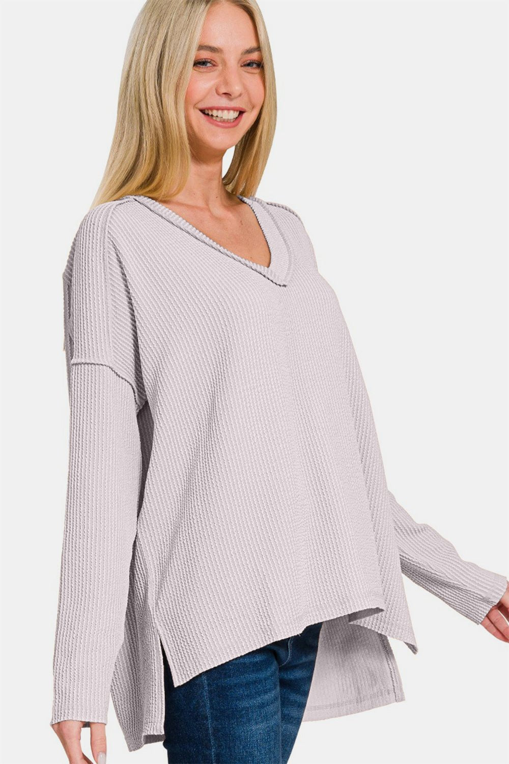 Zenana Texture Exposed Seam V - Neck Long Sleeve T-Shirt - Purcell's Clothing Company - 