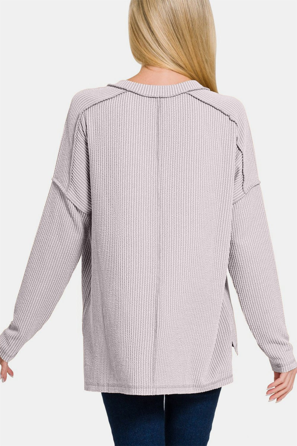 Zenana Texture Exposed Seam V - Neck Long Sleeve T-Shirt - Purcell's Clothing Company - 