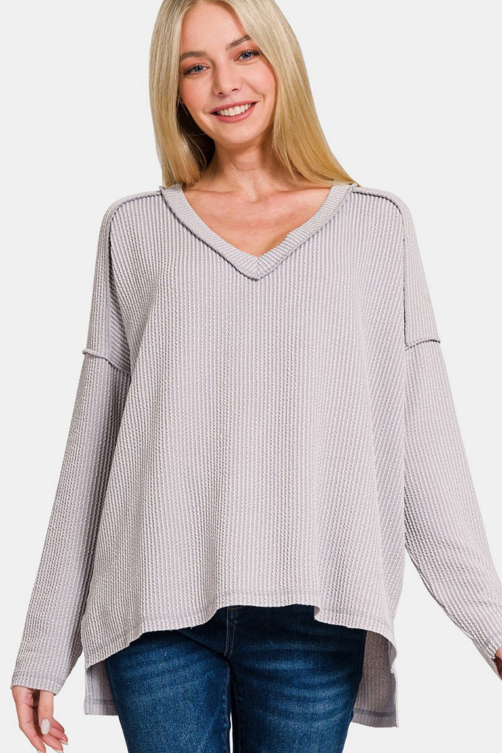 Zenana Texture Exposed Seam V - Neck Long Sleeve T-Shirt - Purcell's Clothing Company - 